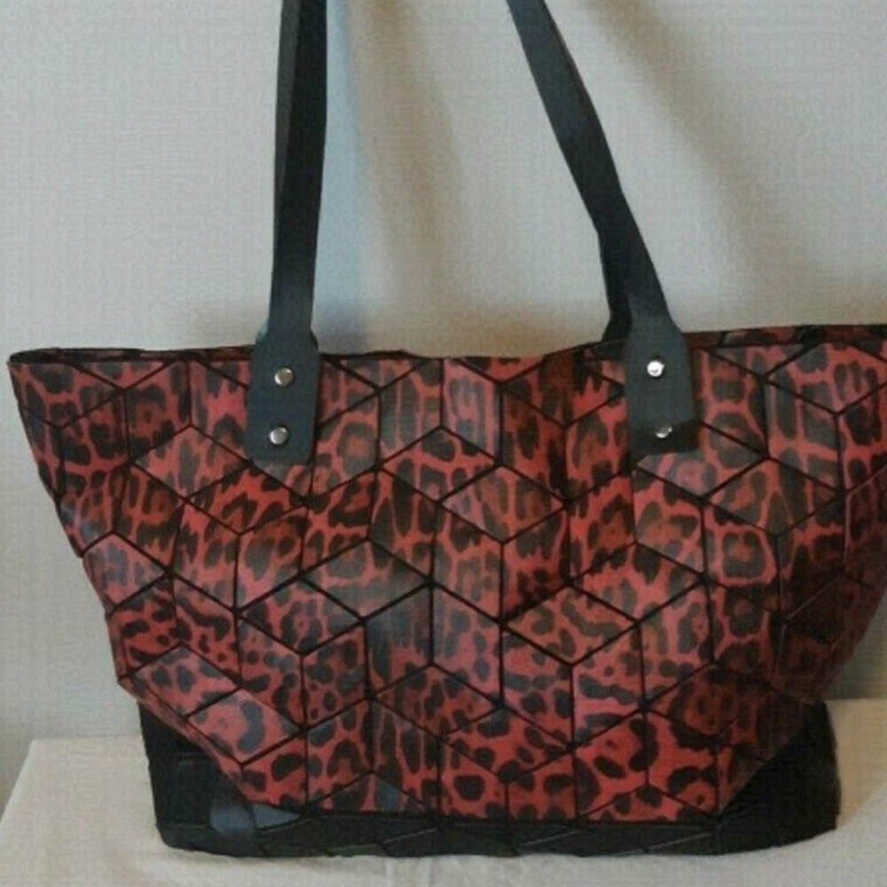 Patrizia LUCA TWO TONE SLANTED Square GEO tote CHEETAH RED MATTE BLACK LG